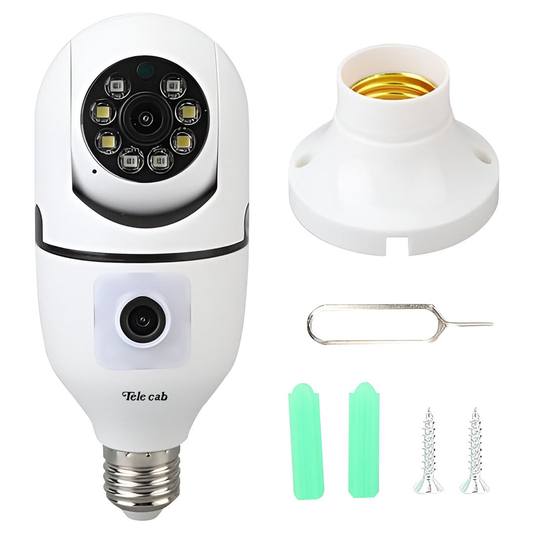 Light Bulb Camera with Dual Lens 360° Panoramic View, Dual Screen, Real Time Two Way Intercom, Full Color Night Work, E27 Screw Installation for Home Office Shop
